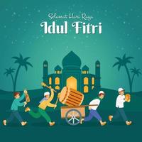 Selamat hari raya Idul Fitri, translation happy eid mubarak with a group of youngster parading a big wooden drum to to celebrate eid mubarak in the night vector