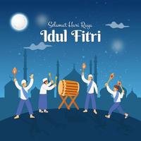 Selamat hari raya Idul Fitri, translation happy eid mubarak. young man hitting bedug or drum for celebrating eid al fitr vector