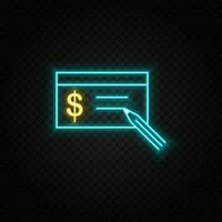Buying, check neon icon. Blue and yellow neon vector icon. Transparent background