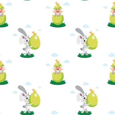 Happy Easter seamless pattern. Vector cute pattern for kids clothes, textile with easter rebbits and eggs. Hand drawn doodle illustration. Easter cartoon characters.