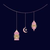 hanging lantern lamp with candle light and hanging crescent moon in pink gradient graphic element for ramadan decoration design vector