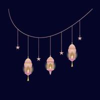 hanging set lantern lamp with candle light and hanging stars in pink gradient graphic element for ramadan festival decoration design or banner vector