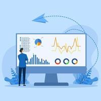 software concepto para sistema datos supervisión, controlar panel o panel. personas mirando a diagramas y indicadores en un computadora pantalla. moderno plano vistoso vector ilustración para pancartas, carteles