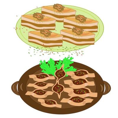 Set tea set baking tea sweets. Doodle illustration for the menu.