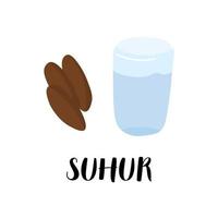 suhur Ramadán desayuno con agua y fechas. musulmán rápido familia ilustración. vector