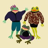 Vector isolated illustration of three cute frogs in fashionable wear.