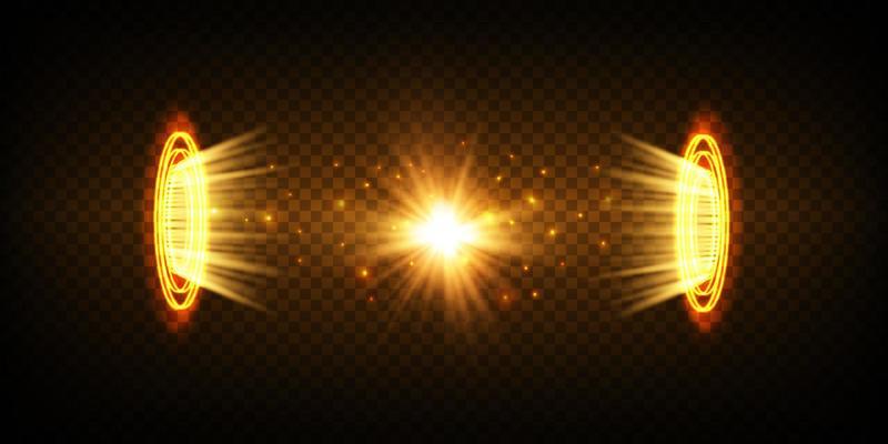 Magic portals on the night scene. Golden round holograms with rays of light and sparkles. Glowing futuristic teleport tunnel with copy space on black background