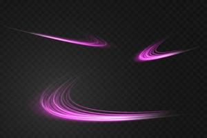 Abstract light lines of movement and speed in purple. Light everyday glowing effect. semicircular wave, light trail curve swirl vector