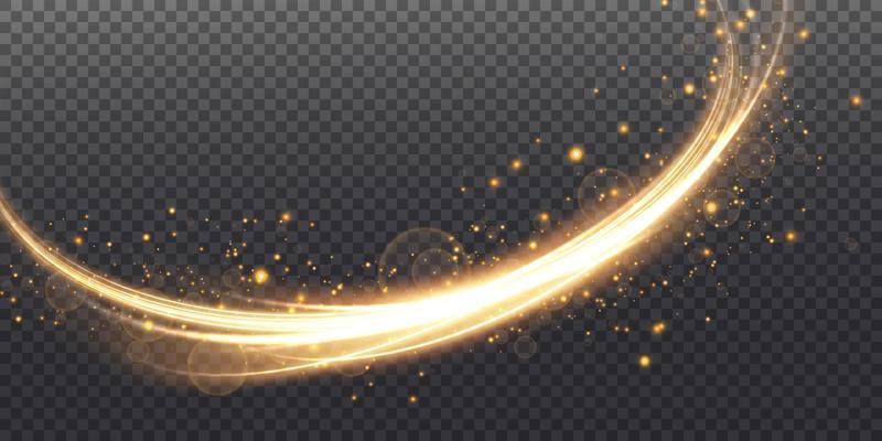 Abstract light lines of motion and speed in golden color. Light everyday glowing effect. semicircular wave, light trail curve swirl