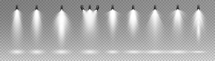 Set of white spotlights. various forms of light. Stage spotlights. Light effects. Glow light effect. Vector illustration.