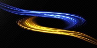 Abstract light lines of movement and speed in blue and gold. Light everyday glowing effect. semicircular wave, light trail curve swirl vector