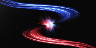 Abstract light lines of movement and speed in blue and red. Light everyday glowing effect. semicircular wave, light trail curve swirl vector