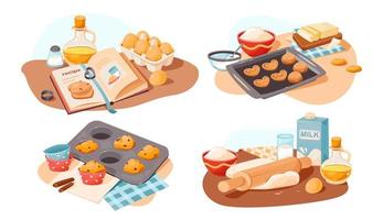 Baking Ingredients. Products and kitchen tools for cooking baking recipes. A set of vector illustrations of baking.