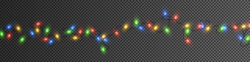 Christmas lights. Colorful Christmas garlands. Vector red, yellow, blue and green glow light bulbs on wires isolated.