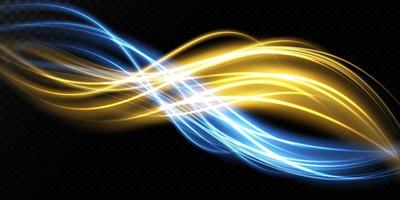 Abstract light lines of movement and speed in blue and gold. Light everyday glowing effect. semicircular wave, light trail curve swirl, car headlights, incandescent optical fiber png. vector