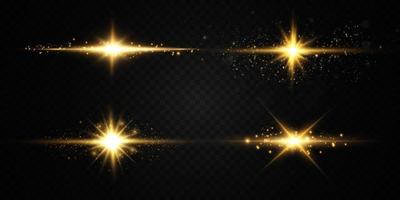 Collection of various golden glowing stars. A set of glare from a sunbeam. Flashes of light. Glow effect, sparks, radiance, shine. Vector illustration on a black background.