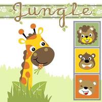 Vector cartoon illustration of funny giraffe eating carrot, cute lion with bear and monkey smile face