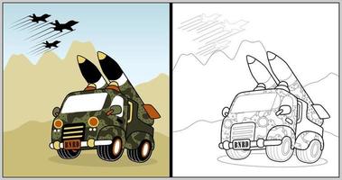 vector cartoon of military truck with missile, coloring book or page