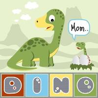 Vector cartoon of funny dinosaur with it baby on mountain background