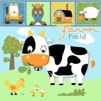 Vector illustration of funny farm animals cartoon with farming elements