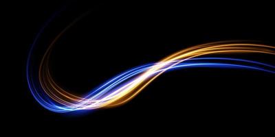 Abstract light lines of movement and speed in blue and yellow. Light everyday glowing effect. semicircular wave, light trail curve swirl vector