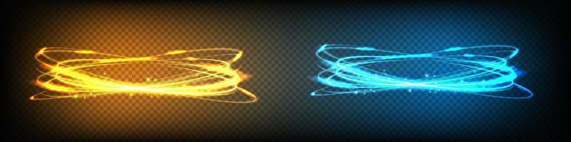 Golden and blue glowing shiny spiral lines effect vector background. EPS10. Abstract light speed motion effect. Shiny wavy trail. Light painting. Light trail.