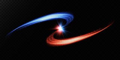 Abstract light lines of movement and speed in blue and red. Light everyday glowing effect. semicircular wave, light trail curve swirl vector