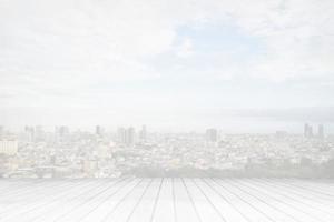 White Wood Pavement with Blurred Cityscape Background, Suitable for Business Concept. photo