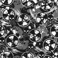 Seamless black and white camouflage pattern with ionizing radiation symbol, paint brush strokes, skull and crossbones, hexagon net. Good for apparel, fabric, textile, sport goods. Grunge texture vector