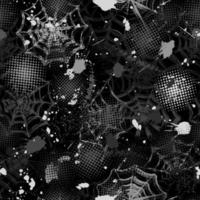 Seamless black camouflage pattern in grunge style with spiderweb, paint brush strokes, blots, round halftone shapes. Dense random chaotic composition. Good for apparel, fabric, textile, sport goods vector