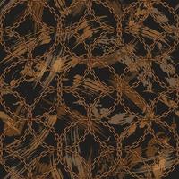 Seamless grunge pattern in vintage style with grid of copper rough chains, random textured grunge paint brush strokes, smears on a black background. Abstract illustration for surface design No opacity vector