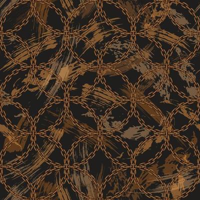 Seamless grunge pattern in vintage style with grid of copper rough chains, random textured grunge paint brush strokes, smears on a black background. Abstract illustration for surface design No opacity