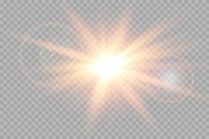 Golden star, on a transparent background, the effect of glow and rays of light, glowing lights, sun. vector