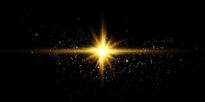 Golden star, on a black background, the effect of glow and rays of light, glowing lights, sun.vector. vector