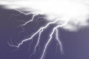 Lightning magical and bright light effect. Thunderstorm with lightning and clouds. Vector illustration. Discharge electrical current. Charge current. natural phenomena.