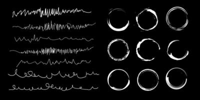 A set of artistic pen brushes. white on a black background. Doodle infected brushes. Set of vector grunge brushes. Collection of marker strokes. Set of wavy horizontal borders.