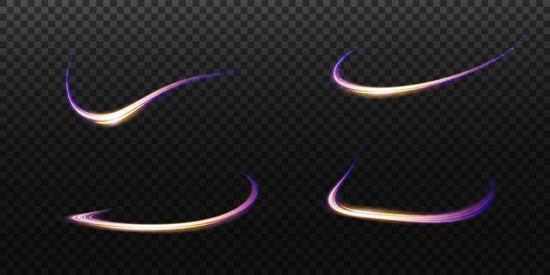 Abstract light lines of movement and speed, blue, gold, purple colors. Light everyday glowing effect. semicircular wave, light trail curve swirl, optical fiber incandescent png.