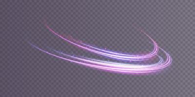 Abstract light lines of movement and speed with purple color glitters. Light everyday glowing effect. semicircular wave, light trail curve swirl vector