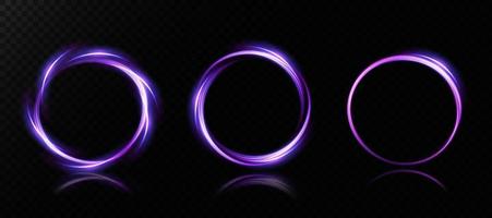 Set of neon light rings. Whirlwind effect. Curve blue, purple, gold line light effect. Abstract dark background, rings with glowing swirling sights, and various backgrounds. Energy flow tunnel. vector