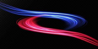 Abstract light lines of movement and speed in blue and red. Light everyday glowing effect. semicircular wave, light trail curve swirl vector