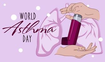 The concept of informing about the World Asthma Day with the help of an aerosol inhaler. An aerosol for quick help to the lungs. Day of Solidarity with Diseases. Vector illustration. Printing a banner