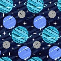 Vector space seamless background with planets and stars. Bright repeating texture with cosmic elements. Cute baby design for baby fabric and wrapping paper. Neptune, Uranus, moon and stars on a blue