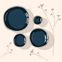 Empty dark blue plates, highlighted on a light tablecloth with dried flowers. Clay plates of different sizes of uneven shape. Handmade work. Pottery. Simple vector illustration