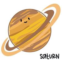 aislado grande de colores planeta Saturno con un cara y firma. dibujos animados vector ilustración de un linda sonriente planeta en el solar sistema. utilizar para un logo para para niños productos