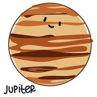 Isolated large colored planet Jupiter with a face and signature. Cartoon vector illustration of a cute smiling planet in the solar system. Use for a logo for children's products