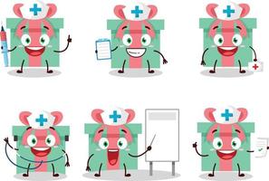 médico profesión emoticon con regalo dibujos animados personaje vector