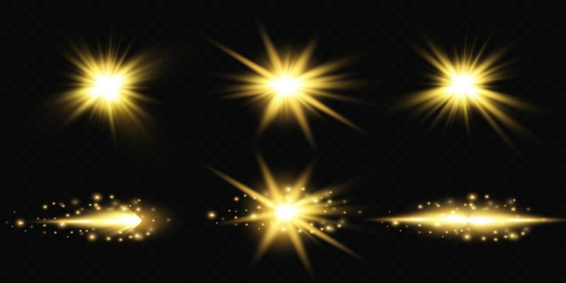 Golden star, on a transparent background, the effect of glow and rays of light, glowing lights, sun.
