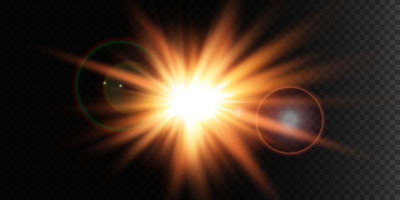 Golden star, on a black background, the effect of glow and rays of light, glowing lights, sun. vector.