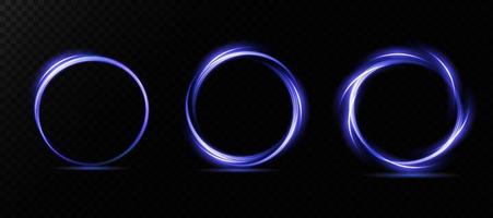 Set of neon light rings. Whirlwind effect. Curve blue, purple, gold line light effect. Abstract dark background, rings with glowing swirling sights, and various backgrounds. Energy flow tunnel. vector