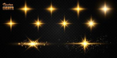Collection of various golden glowing stars. A set of glare from a sunbeam. Flashes of light. Glow effect, sparks, radiance, shine. Vector illustration on a black background.